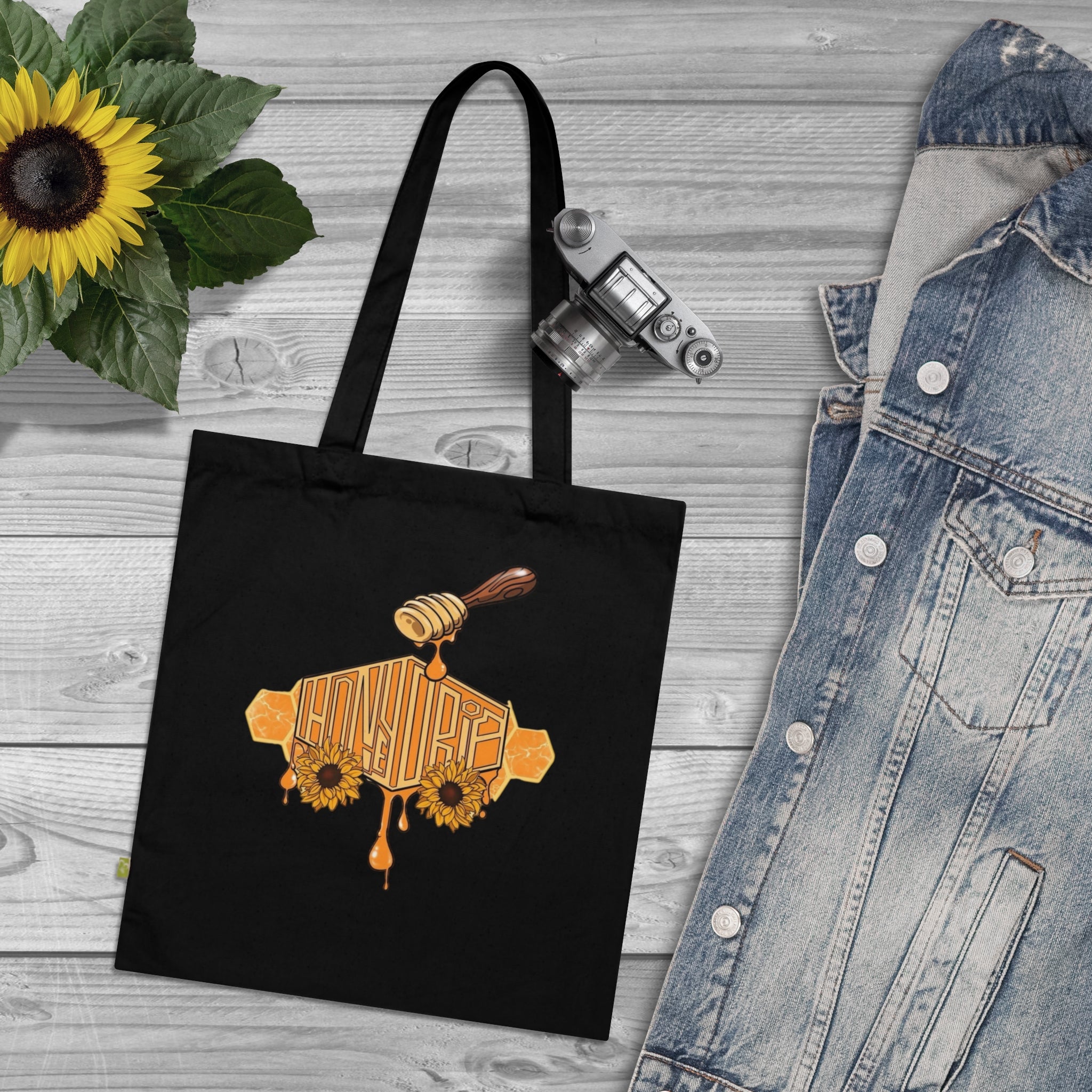 HoneyDrip Tote Bag — Organic Cotton Market Tote with Honey Drip & Sunflower Design