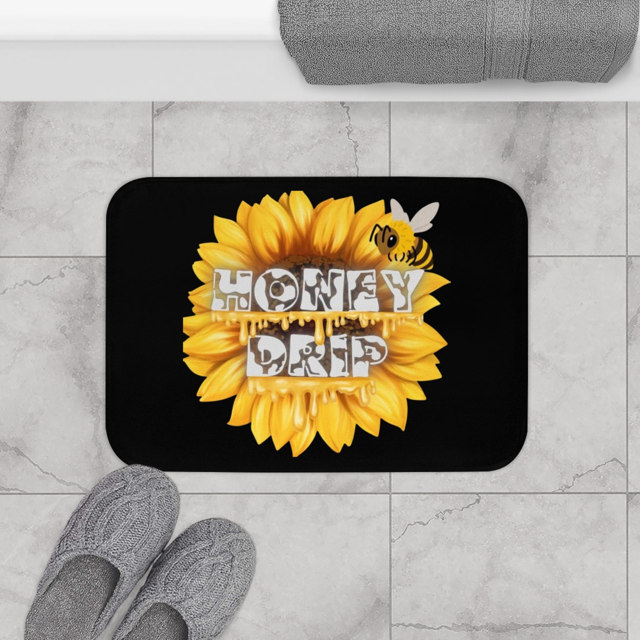 Honey Drip Sunflower Bath Mat – Bee & Floral Bathroom Rug