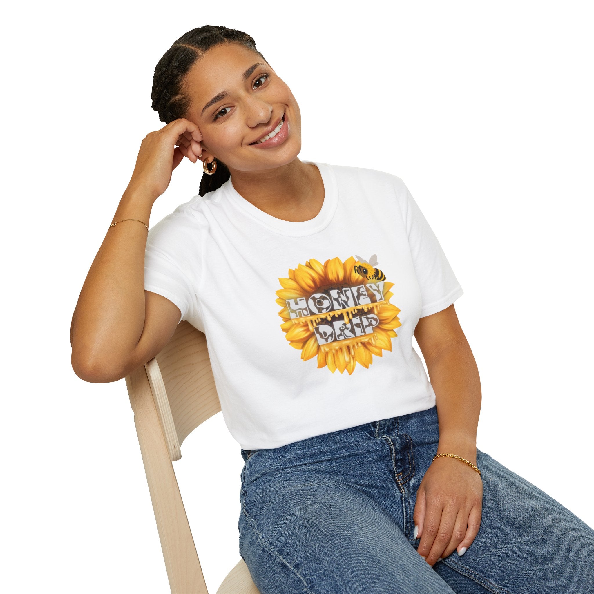HoneyDrip Sunflower T-Shirt — 'Honey Drip' Graphic Tee with Sunflower & Bee