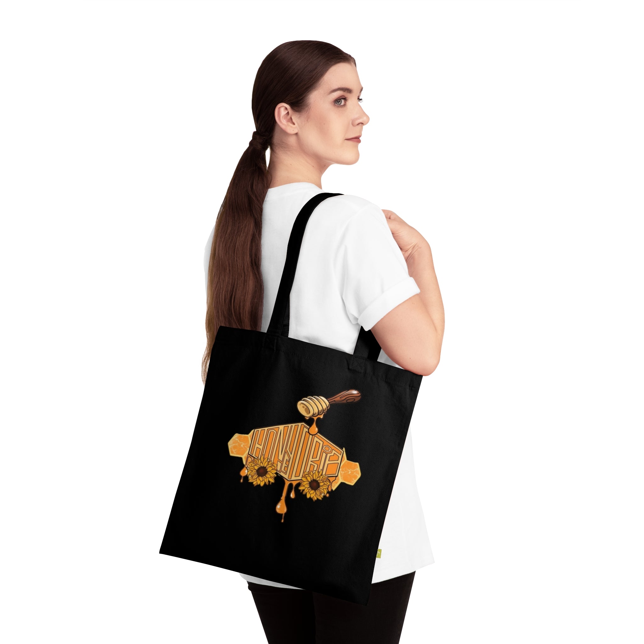 HoneyDrip Tote Bag — Organic Cotton Market Tote with Honey Drip & Sunflower Design