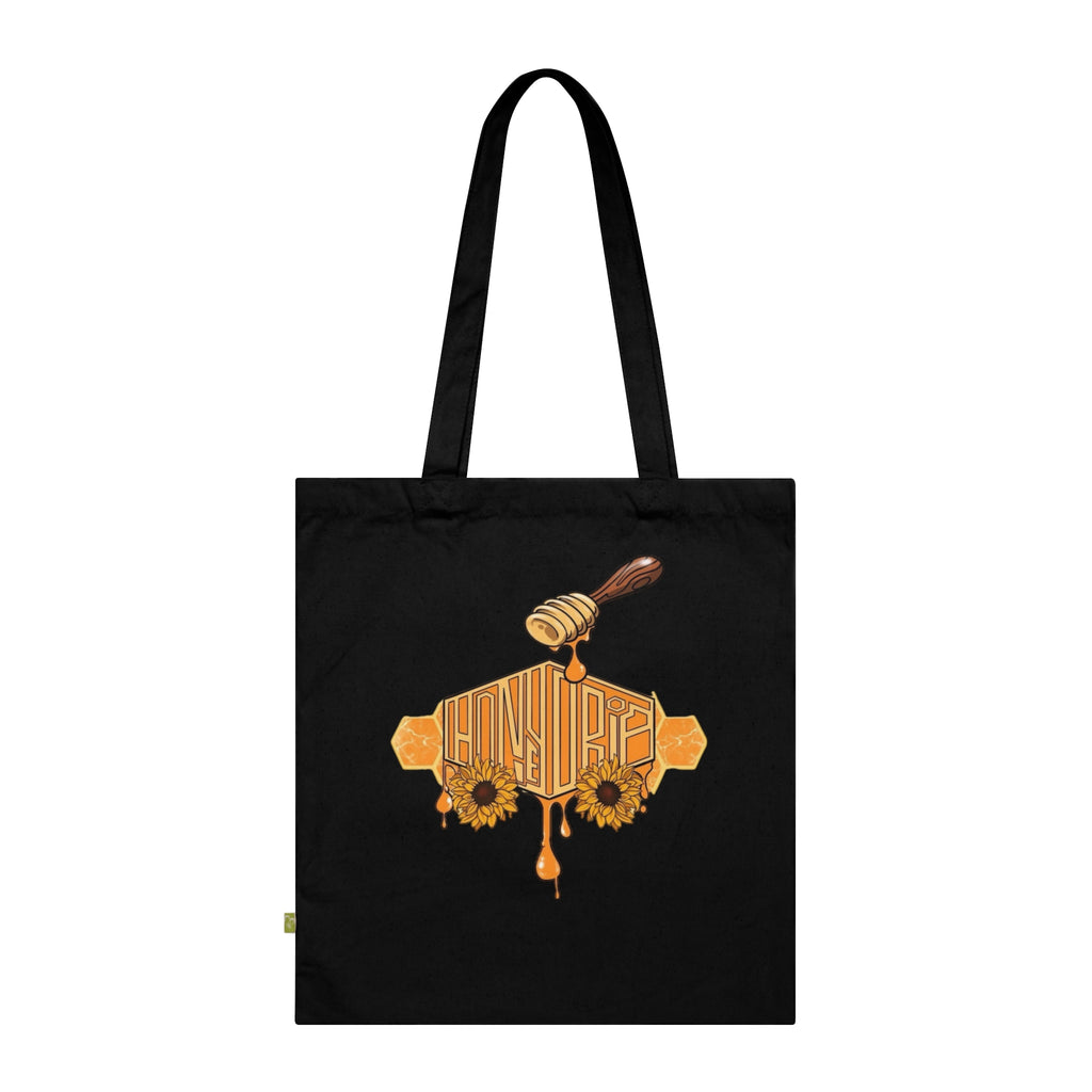 HoneyDrip Tote Bag — Organic Cotton Market Tote with Honey Drip & Sunflower Design